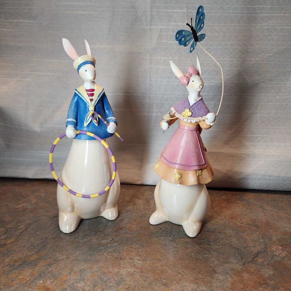 Pacific Rim Easter Bunny Figurines Lady & Gentleman Hulahoop Butterfly Spring 8"